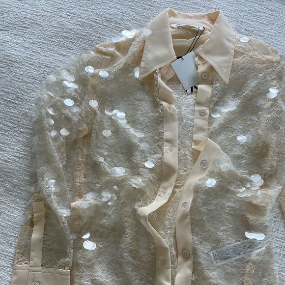 Zara Tops - NWT Zara cream mesh lace paillette sequin metallic button down top 3395